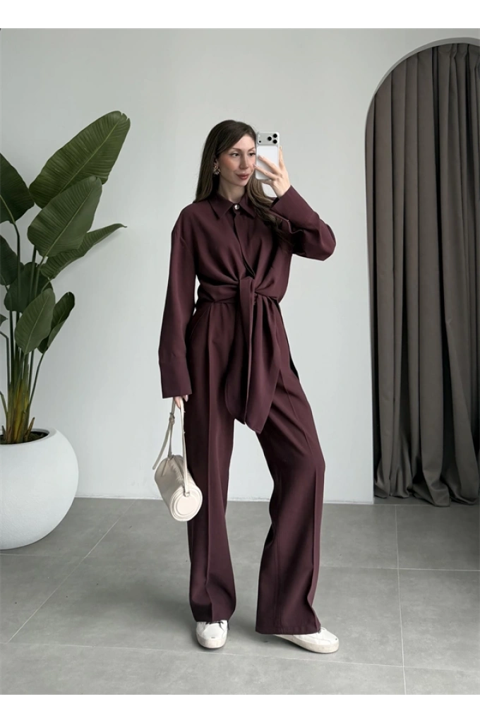 Premium Bağlamalı Mürdüm Bluz Takım