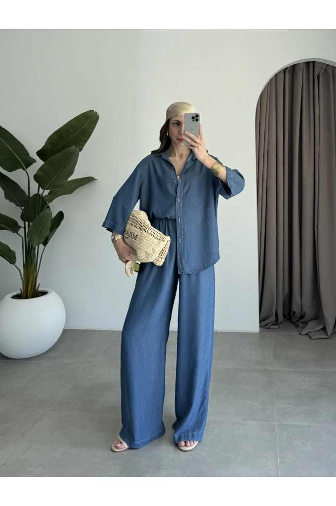 Premium Koyu Denim Mavi Tensel Takım