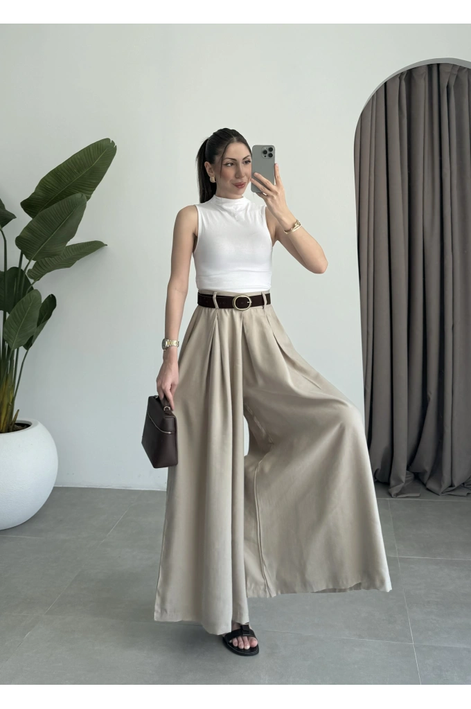 Premium Tensel Kemerli Bej Etek Pantolon