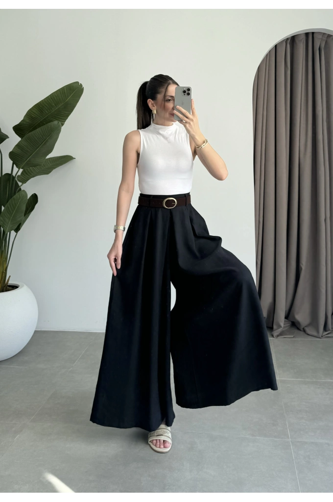 Premium Tensel Kemerli Siyah Etek Pantolon