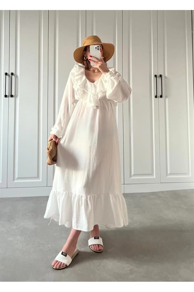 Premium Volanlı Beyaz Aerobin Elbise