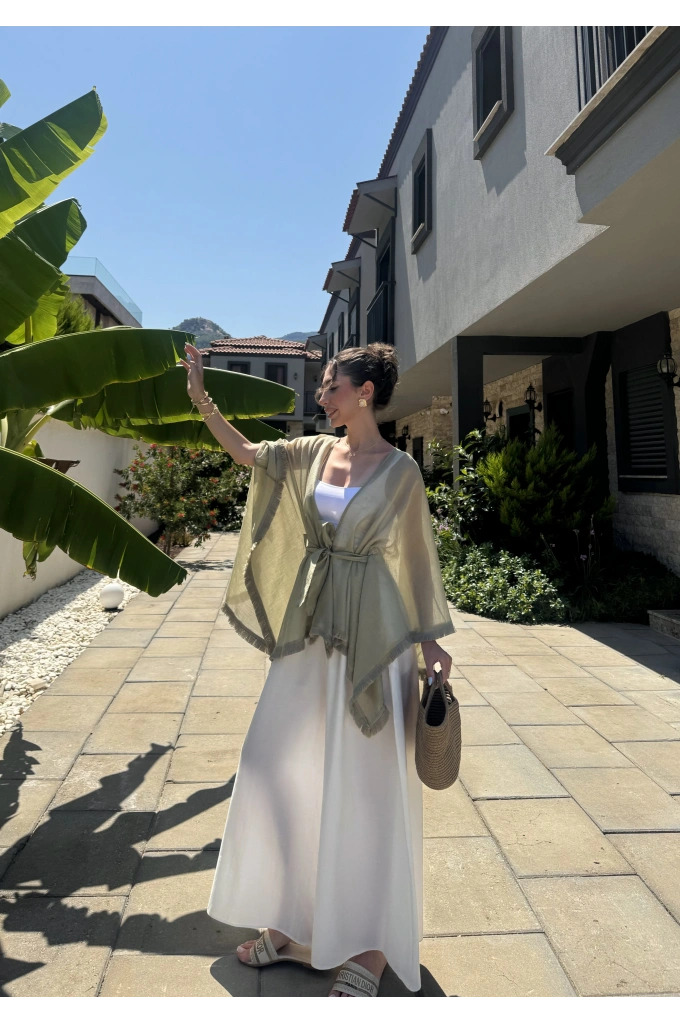 Püsküllü Kuşaklı Adaçayı Yeşili Kimono