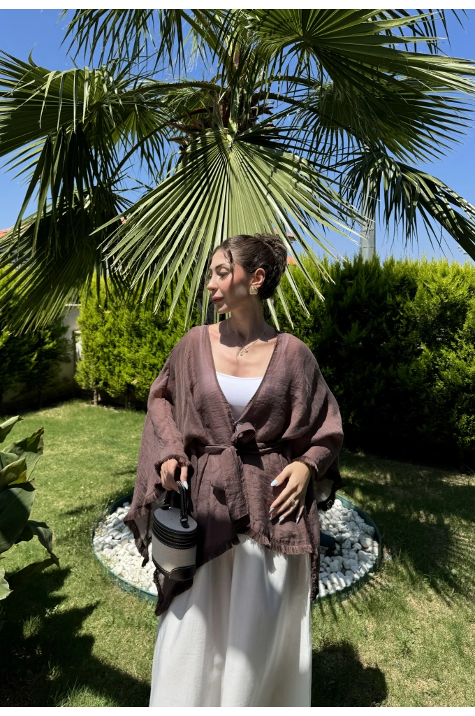 Püsküllü Kuşaklı Kahve Kimono