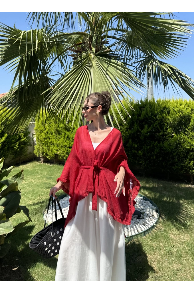 Püsküllü Kuşaklı Kırmızı Kimono