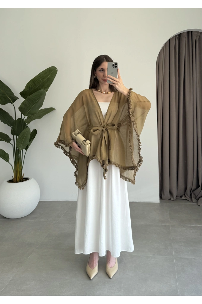 Püsküllü Kuşaklı Olive Kimono