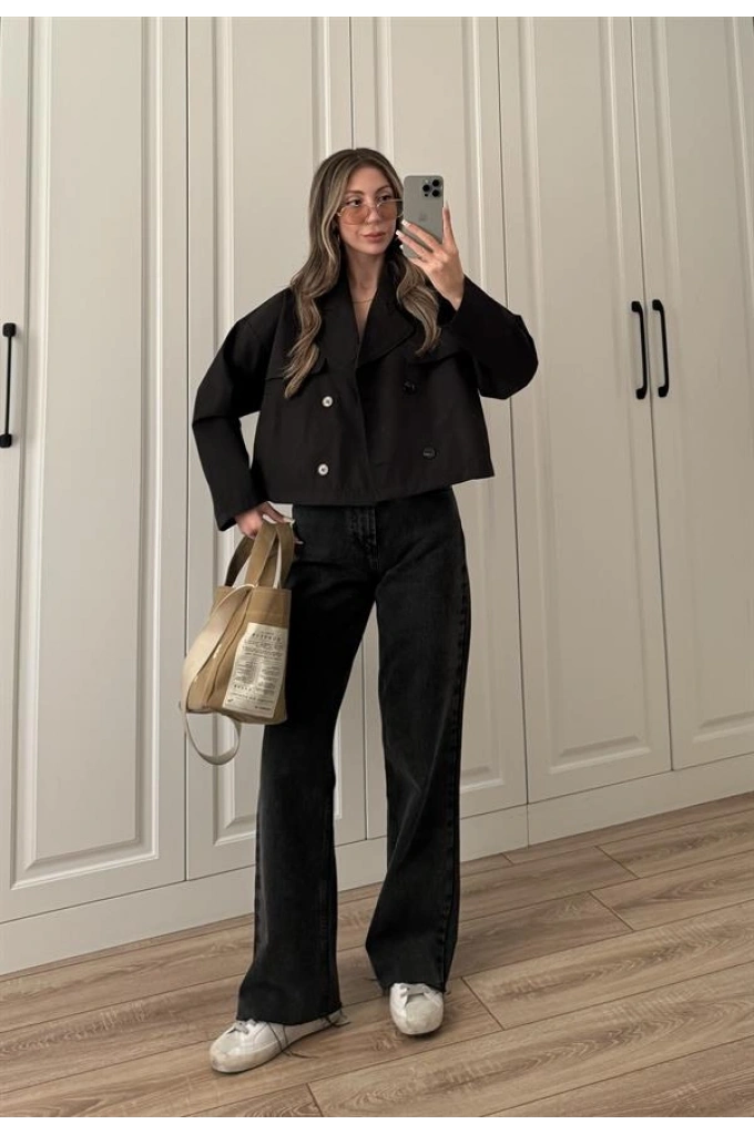 Riva Zr Model Kısa Siyah Trençkot