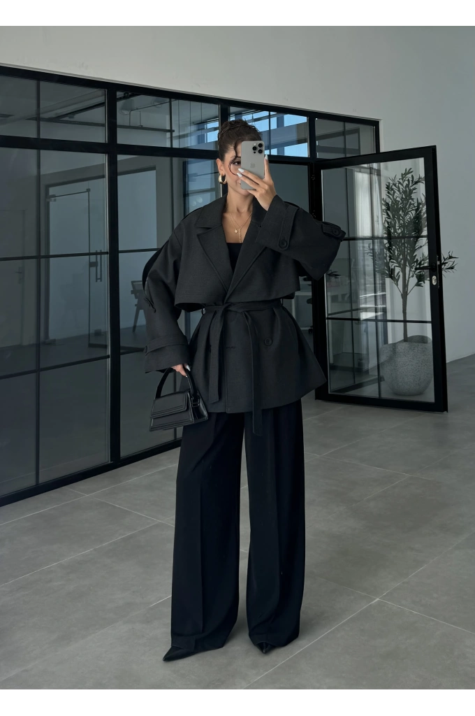 Rose Oversize Kuşaklı Antrasit Trençkot