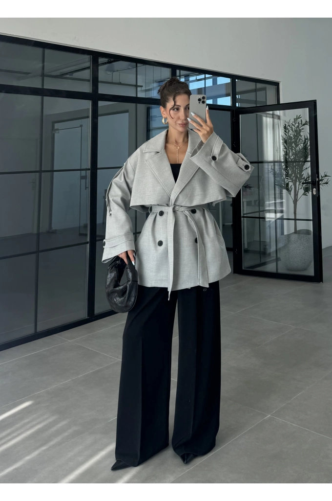 Rose Oversize Kuşaklı Gri Trençkot