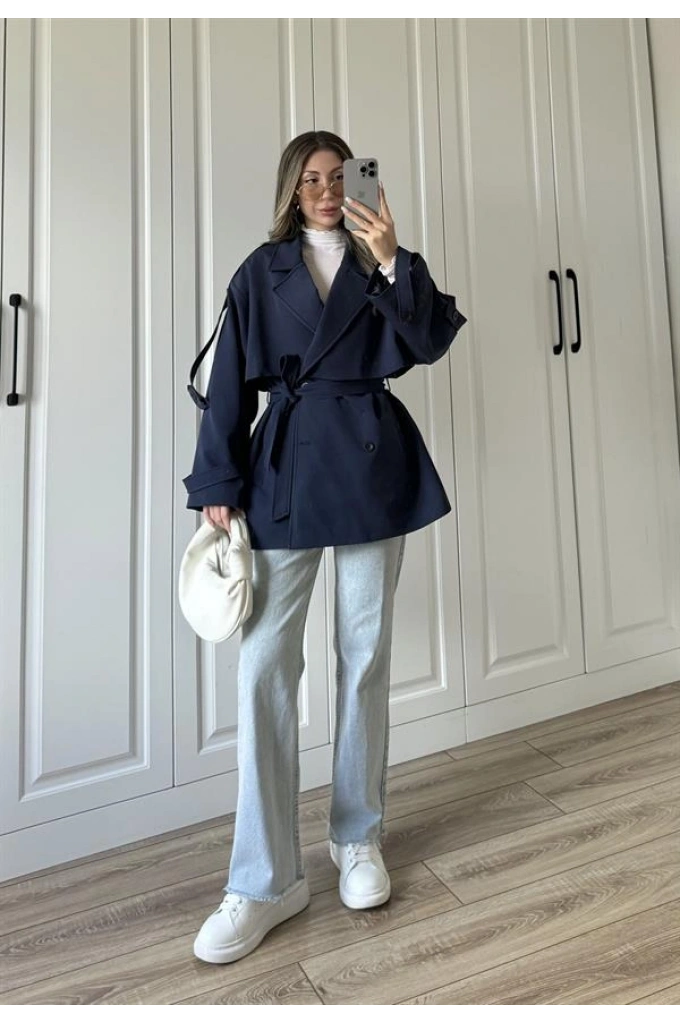 Rose Oversize Kuşaklı Lacivert Trençkot