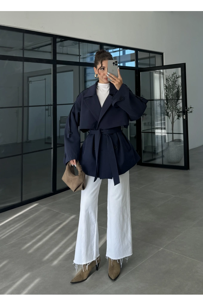 Rose Oversize Kuşaklı Lacivert Trençkot