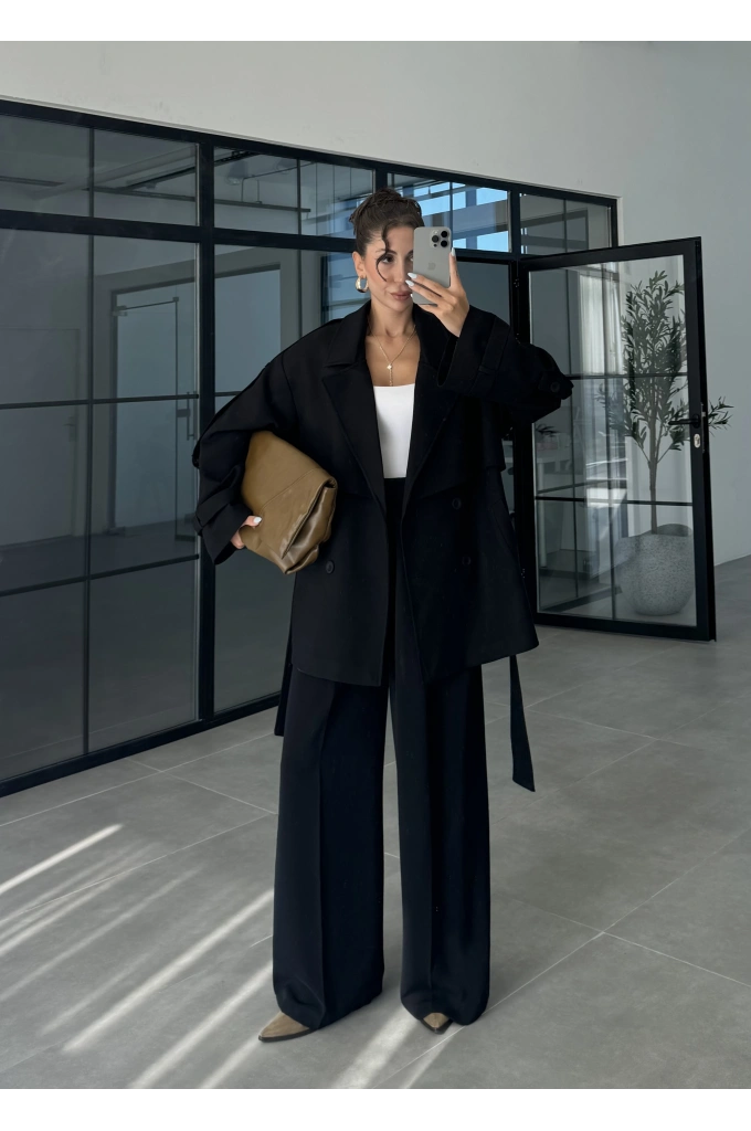 Rose Oversize Kuşaklı Siyah Trençkot