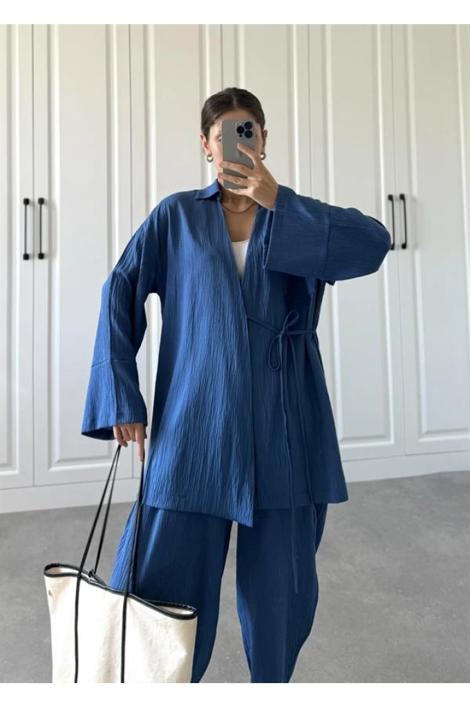 Saks Mavi Gofre Bağlamalı Kimono Takım