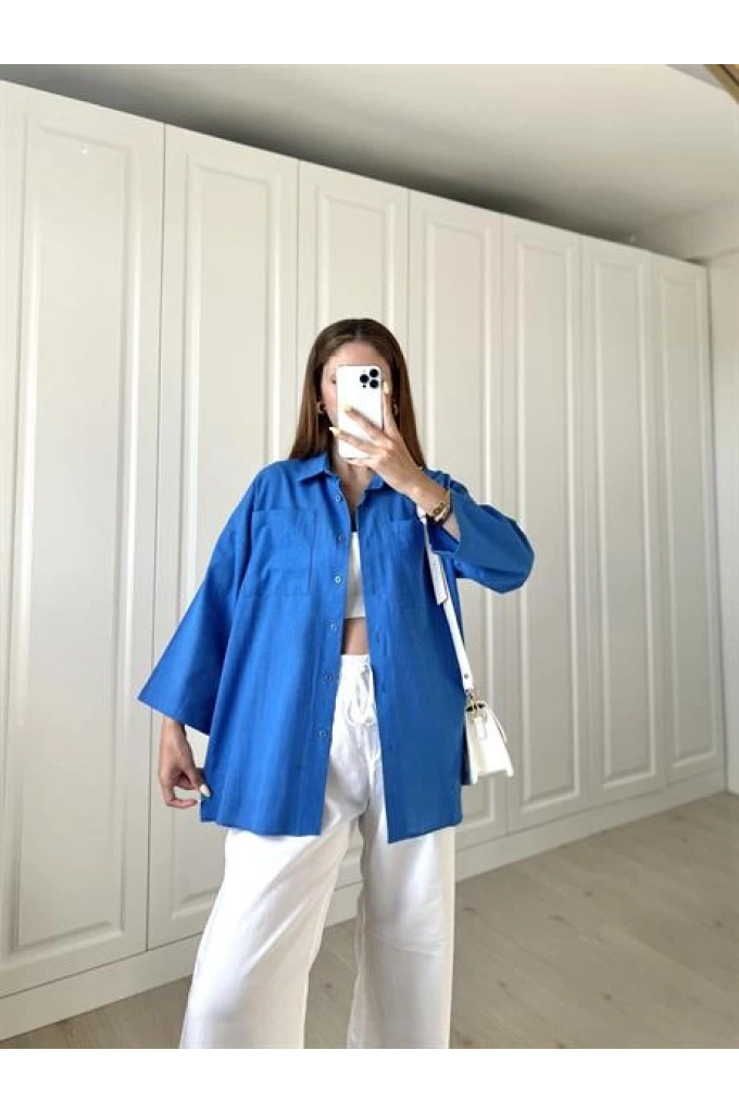 Saks Mavi Keten Gömlek