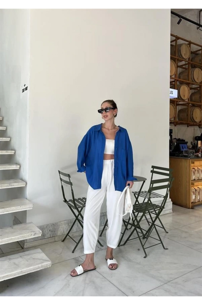 Saks Mavi Oversize Tensel Gömlek