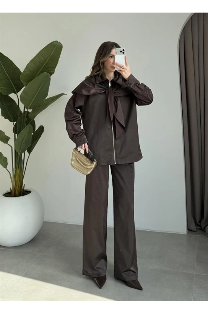 Şal Detaylı Kahve Saten Dokulu Takım