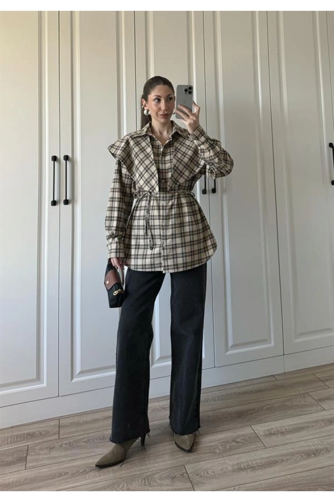 Şallı Ekose Kuşaklı Bej Gömlek