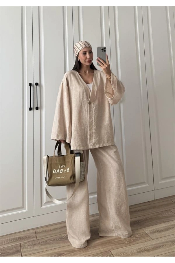 Sandro Tek Düğmeli Keten Palazzo Bej Takım