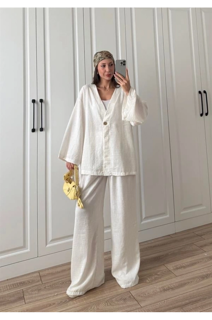 Sandro Tek Düğmeli Keten Palazzo Ekru Takım