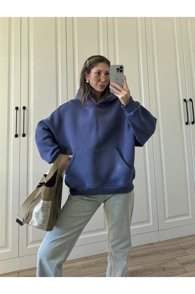 Şardonlu Oversize Mavi Sweatshirt