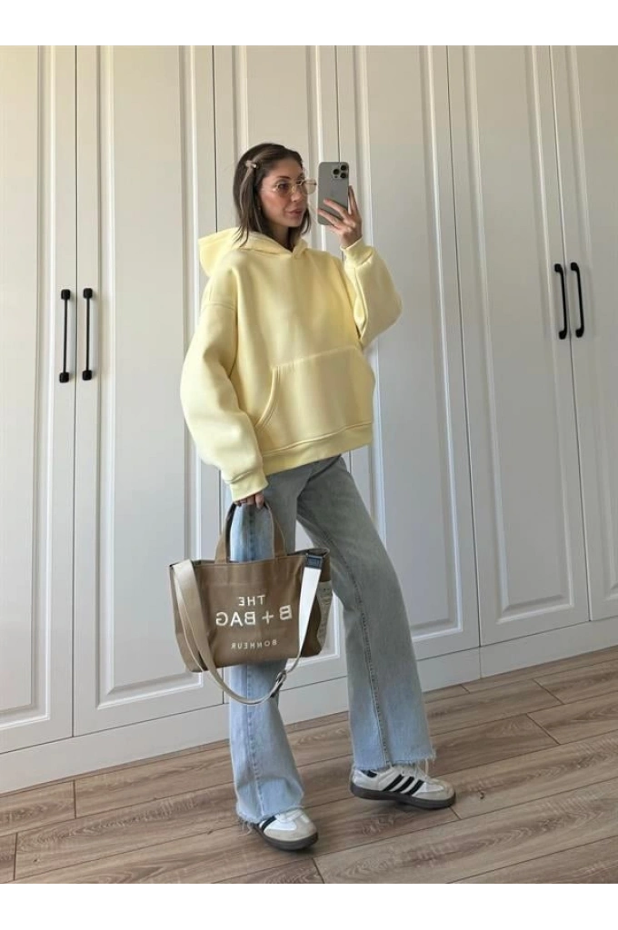 Şardonlu Oversize Sarı Sweatshirt