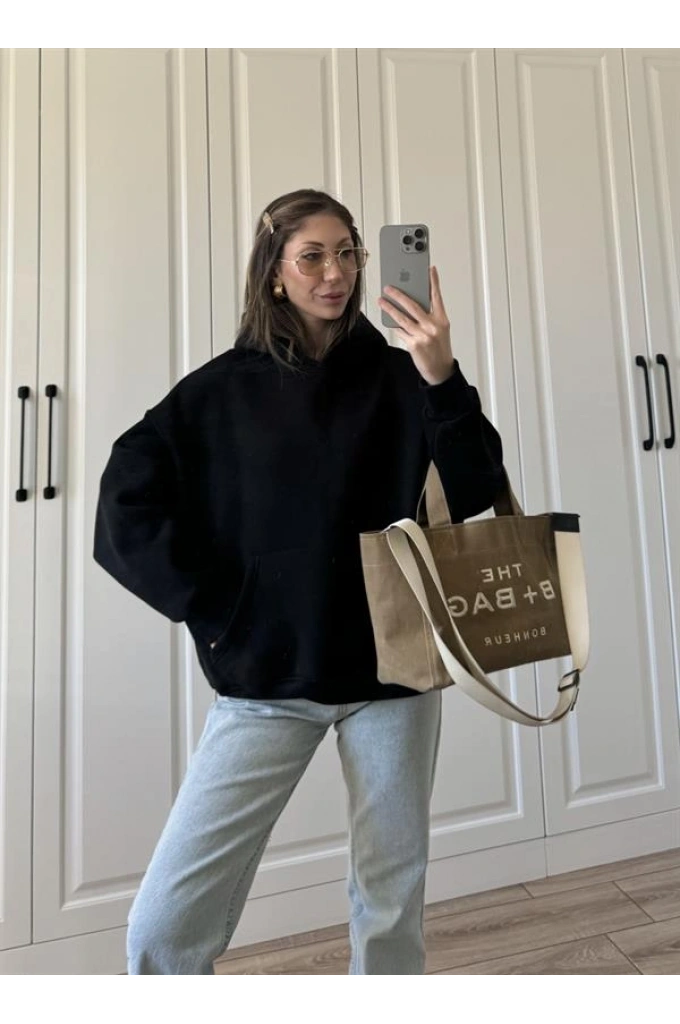 Şardonlu Oversize Siyah Sweatshirt