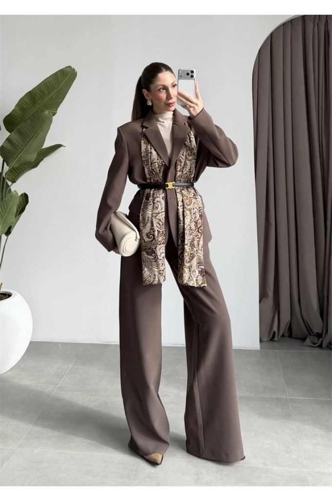 Saten Astarlı Şallı Kahve Ceket Takım
