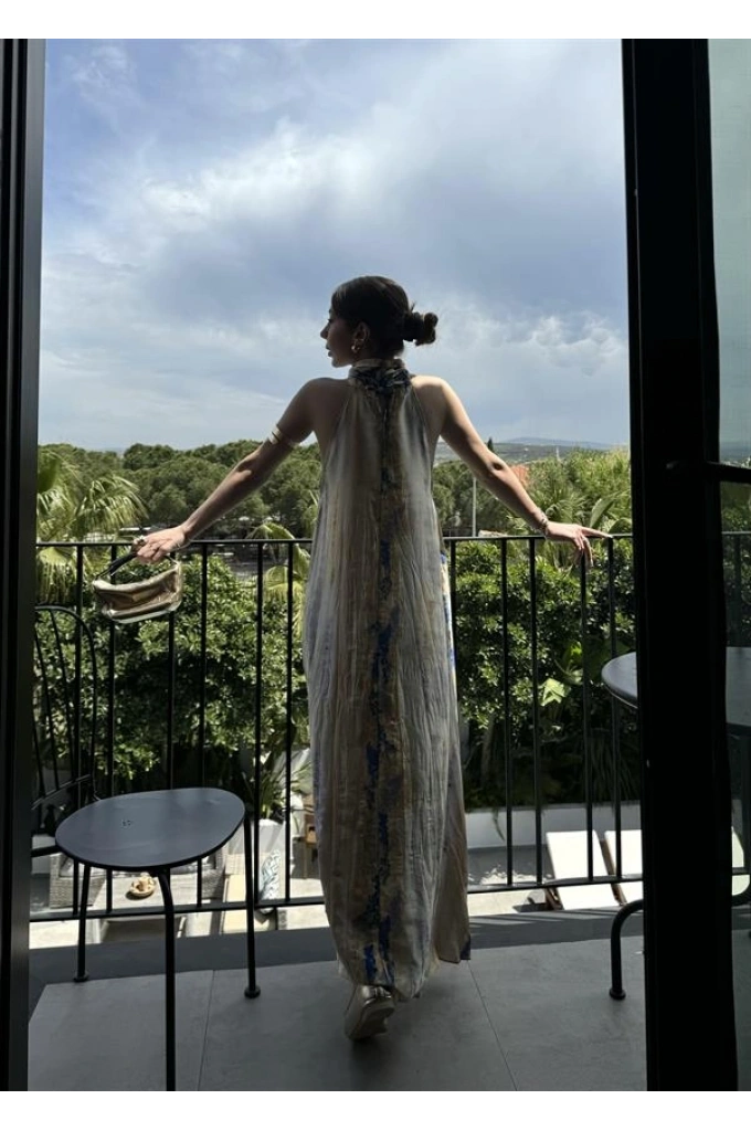 Saten Geçişli Mng Uzun Elbise