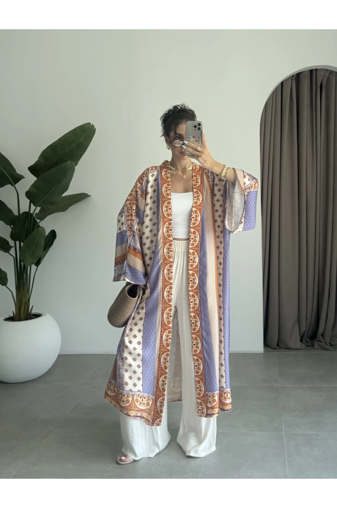 Saten İpek Desenli Kahve Kimono