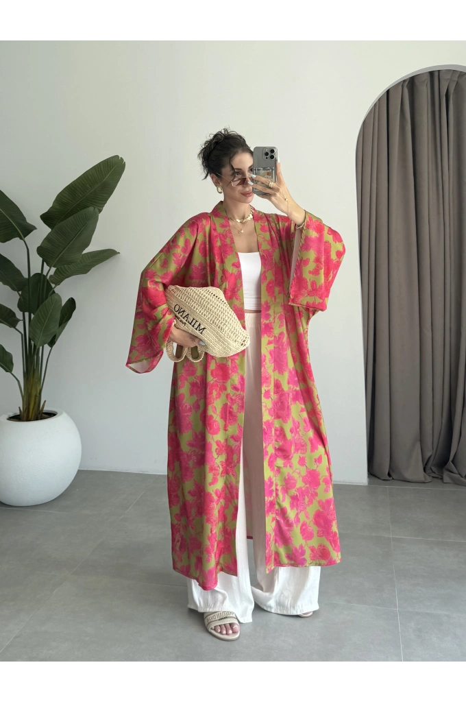Saten İpek Desenli Pembe Kimono