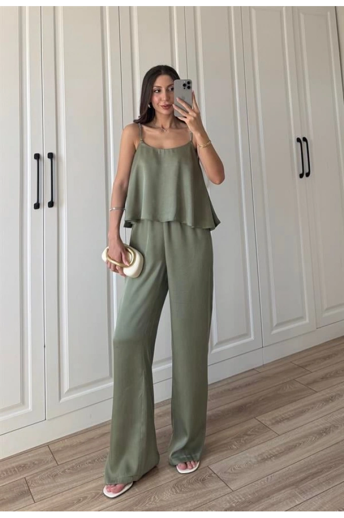 Saten Pamuklu Askılı Haki Bluz Takım