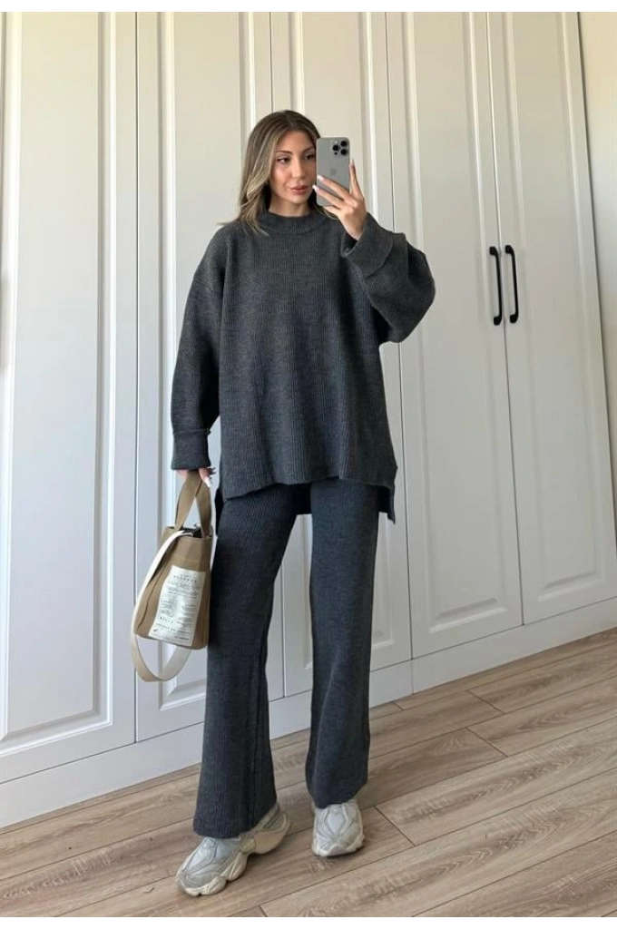 Sık Dokuma Tok Antrasit Triko Takım