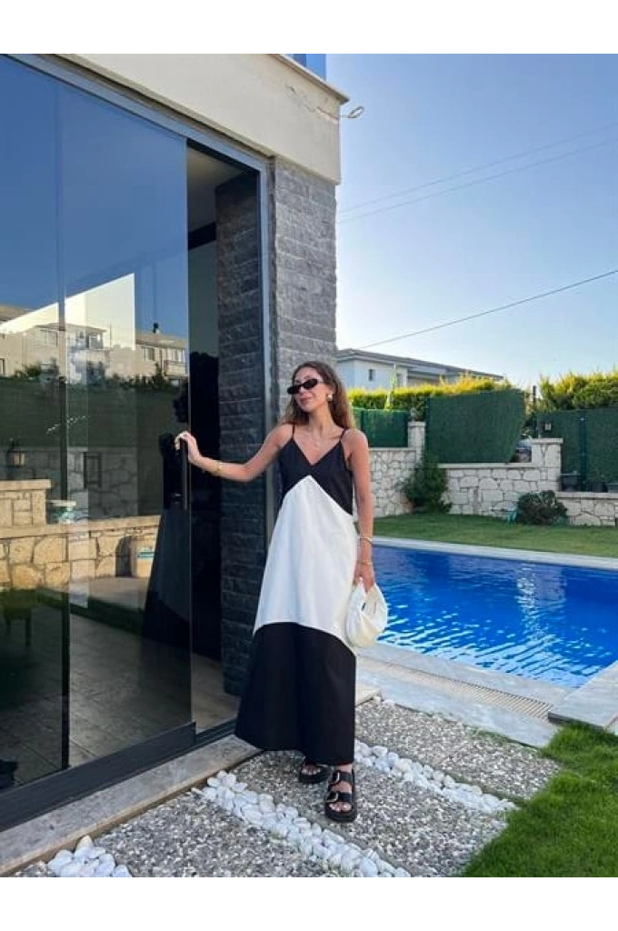 Siyah Beyaz Askılı Poplin Elbise