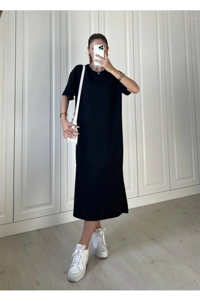 Siyah Krinkıl Basic Elbise