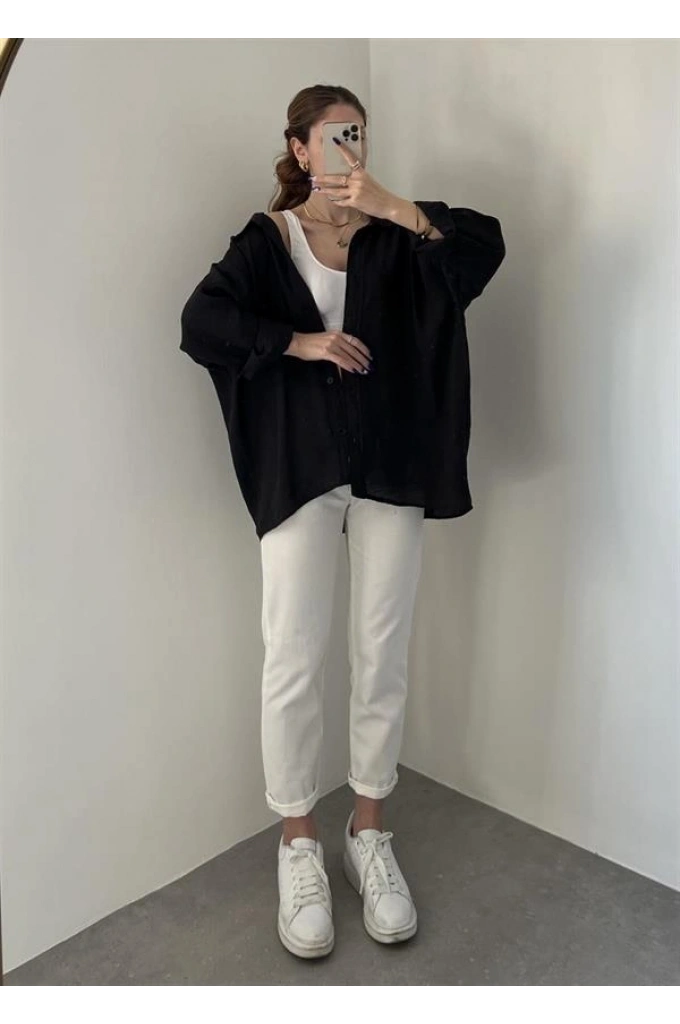 Siyah Oversize Tensel Gömlek