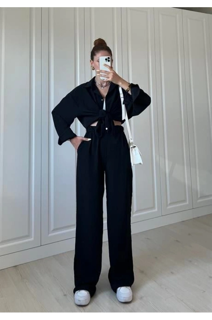 Siyah Tensel İkili Gömlek Takım