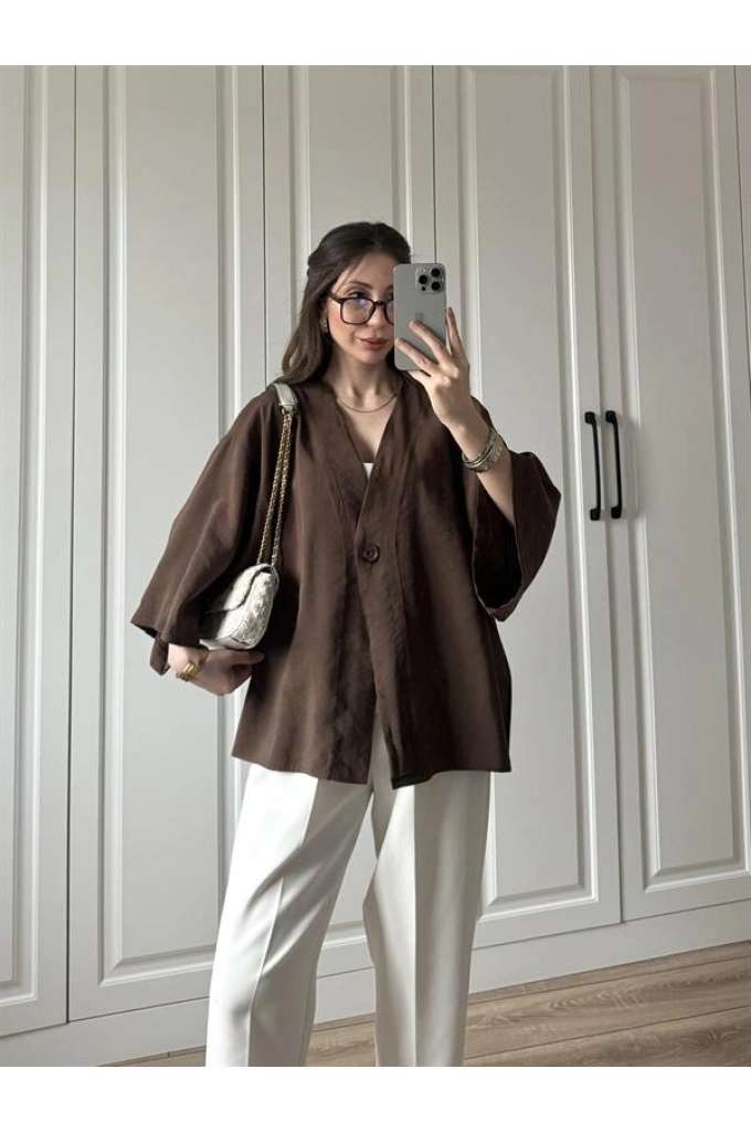Sofi Düğmeli Oversize Kahve Tensel Gömlek Bluz