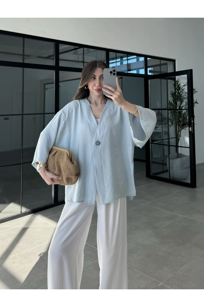 Sofi Tek Düğme Oversize Tensel Bebe Mavi Gömlek