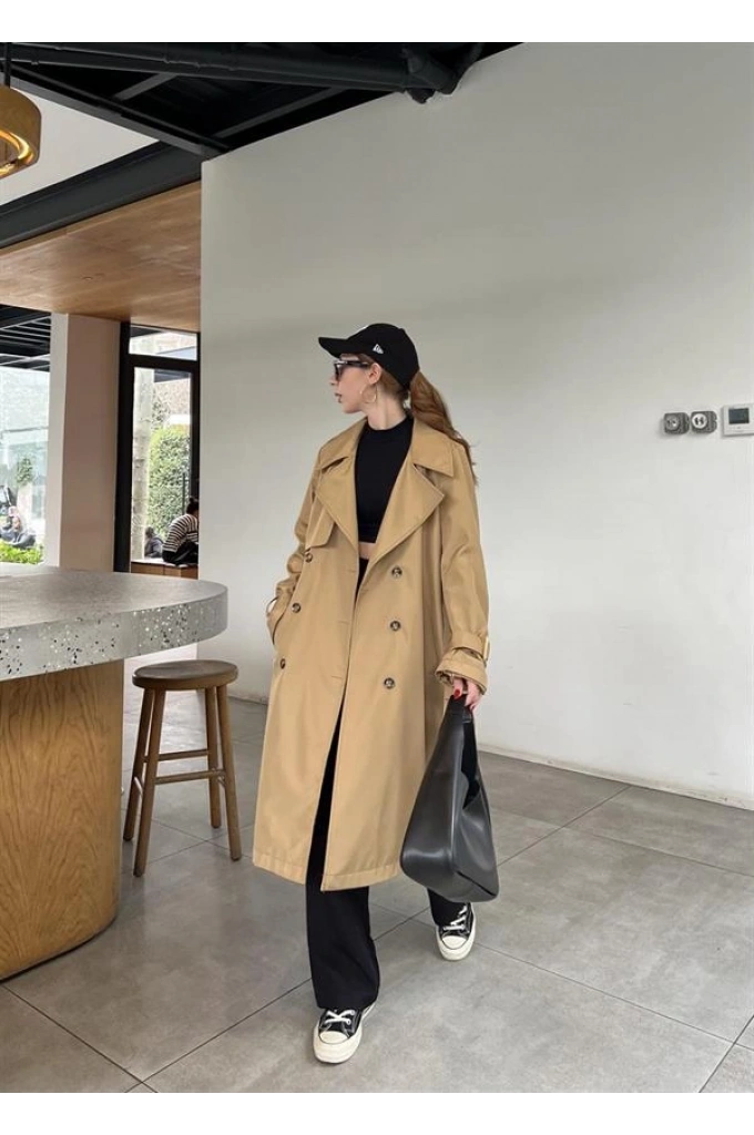 Stradi Model Camel Astarlı Uzun Trençkot