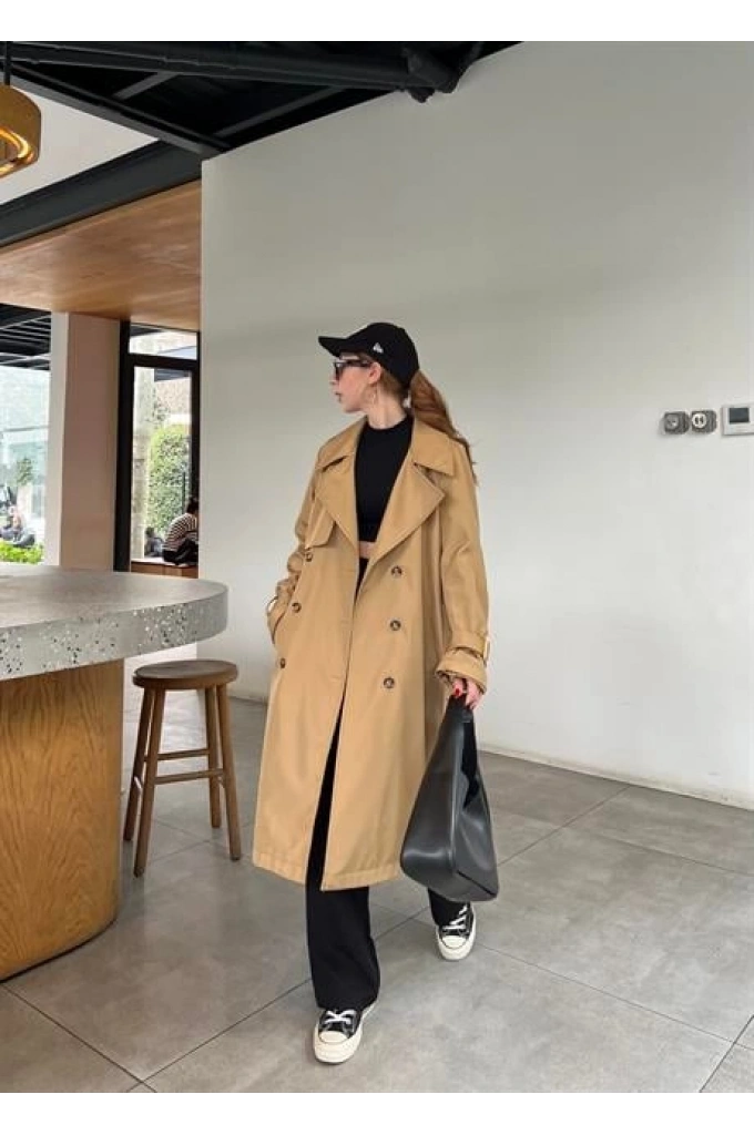 Stradi Model Camel Astarlı Uzun Trençkot