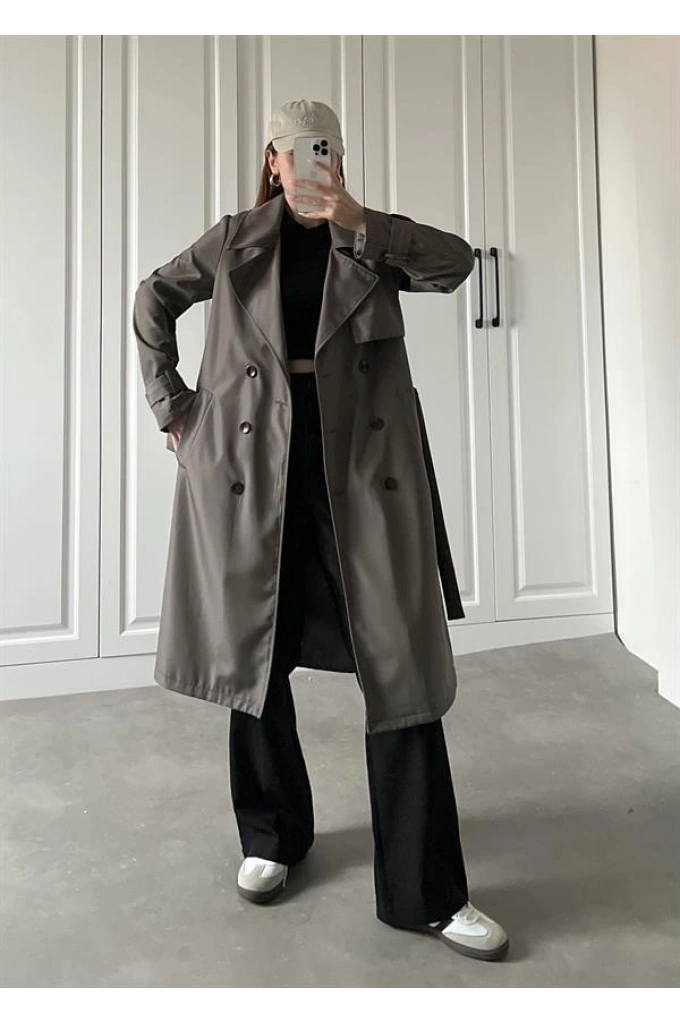 Stradi Model Gri Astarlı Uzun Trençkot