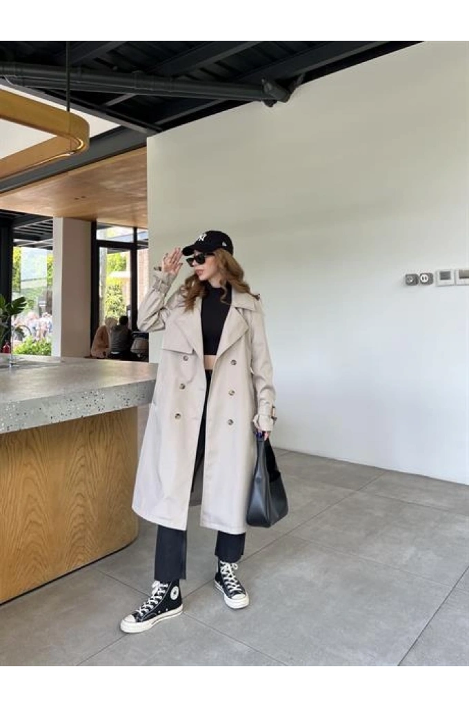 Stradi Model Gri Astarlı Uzun Trençkot