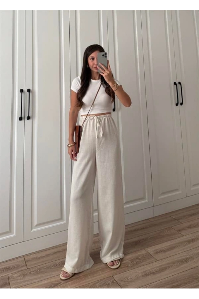 Stradi Model Keten Beyaz Palazzo Pantolon