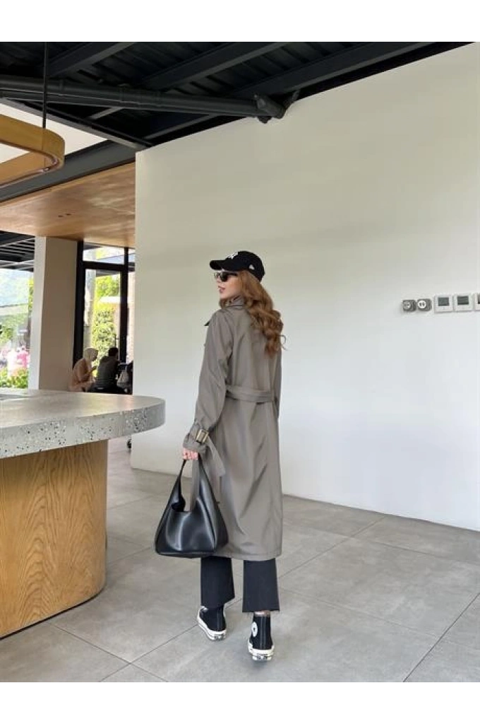 Stradi Model Olive Astarlı Uzun Trençkot
