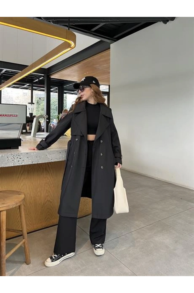 Stradi Model Siyah Astarlı Uzun Trençkot