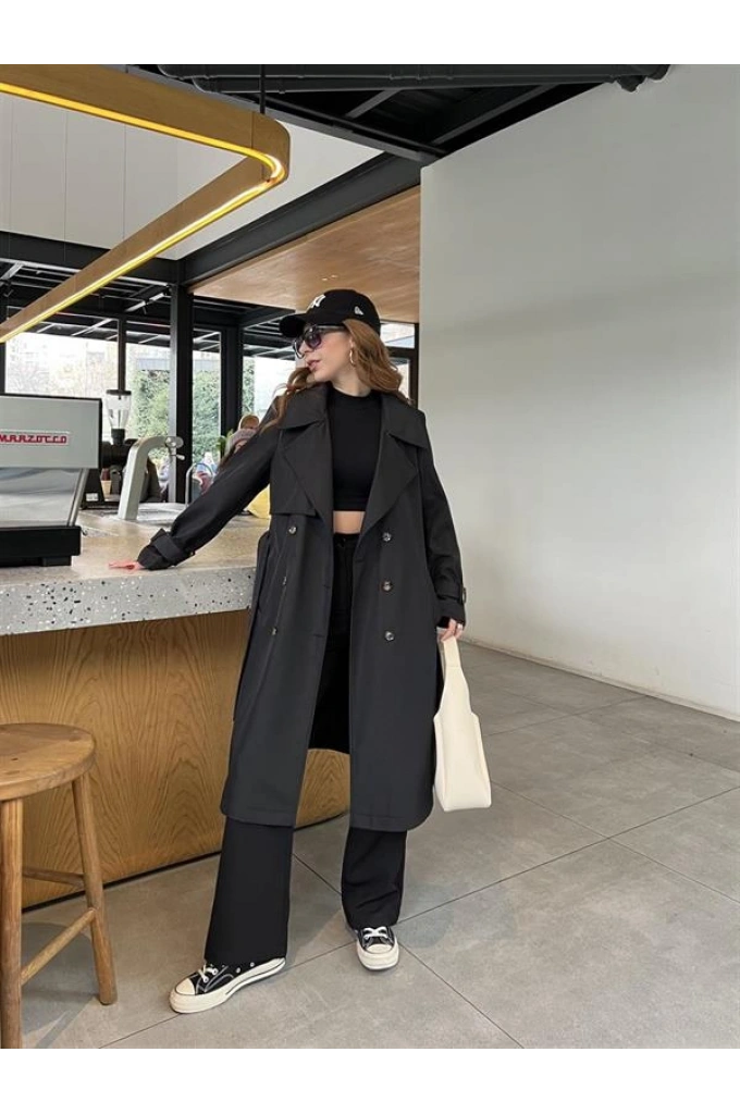 Stradi Model Siyah Astarlı Uzun Trençkot