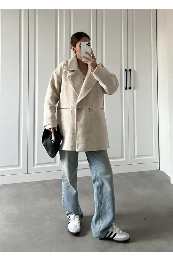 Taş Balıksırtı Desenli Kaşe Kaban