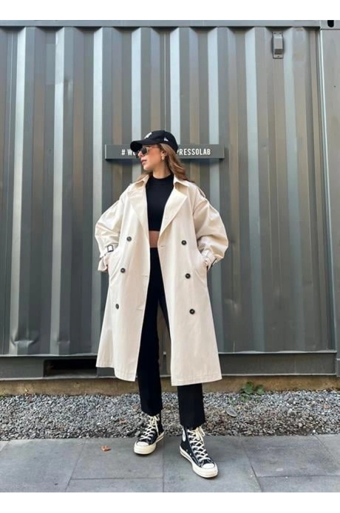 Taş Renk Oversize Astarlı Trençkot