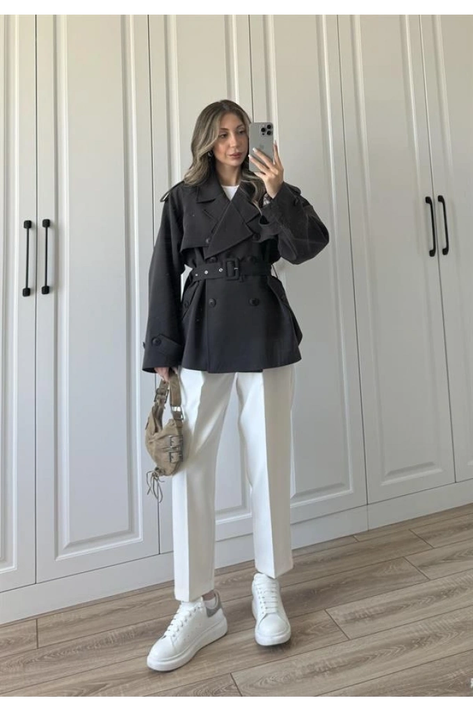 Tasarım Ara Yakalı Kuşaklı Acı Kahve Trenç