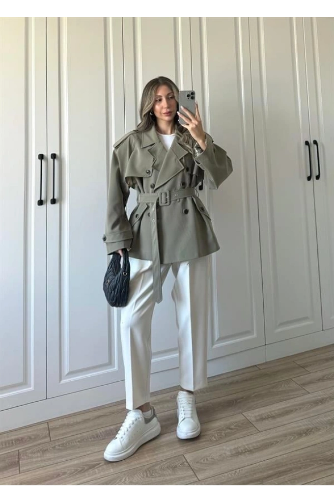 Tasarım Ara Yakalı Kuşaklı Haki Trenç