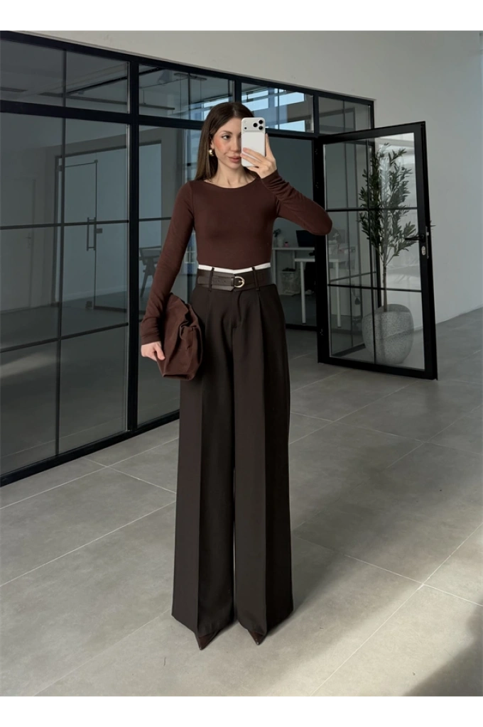 Tasarım Kemerli Vera Acı Kahve Palazzo Pantolon